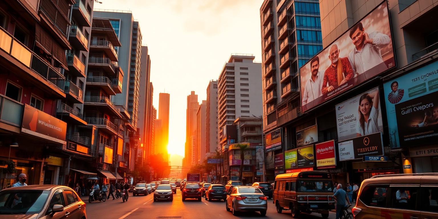 Busy tier 2 Indian city street with digital billboard advertising at golden hour
